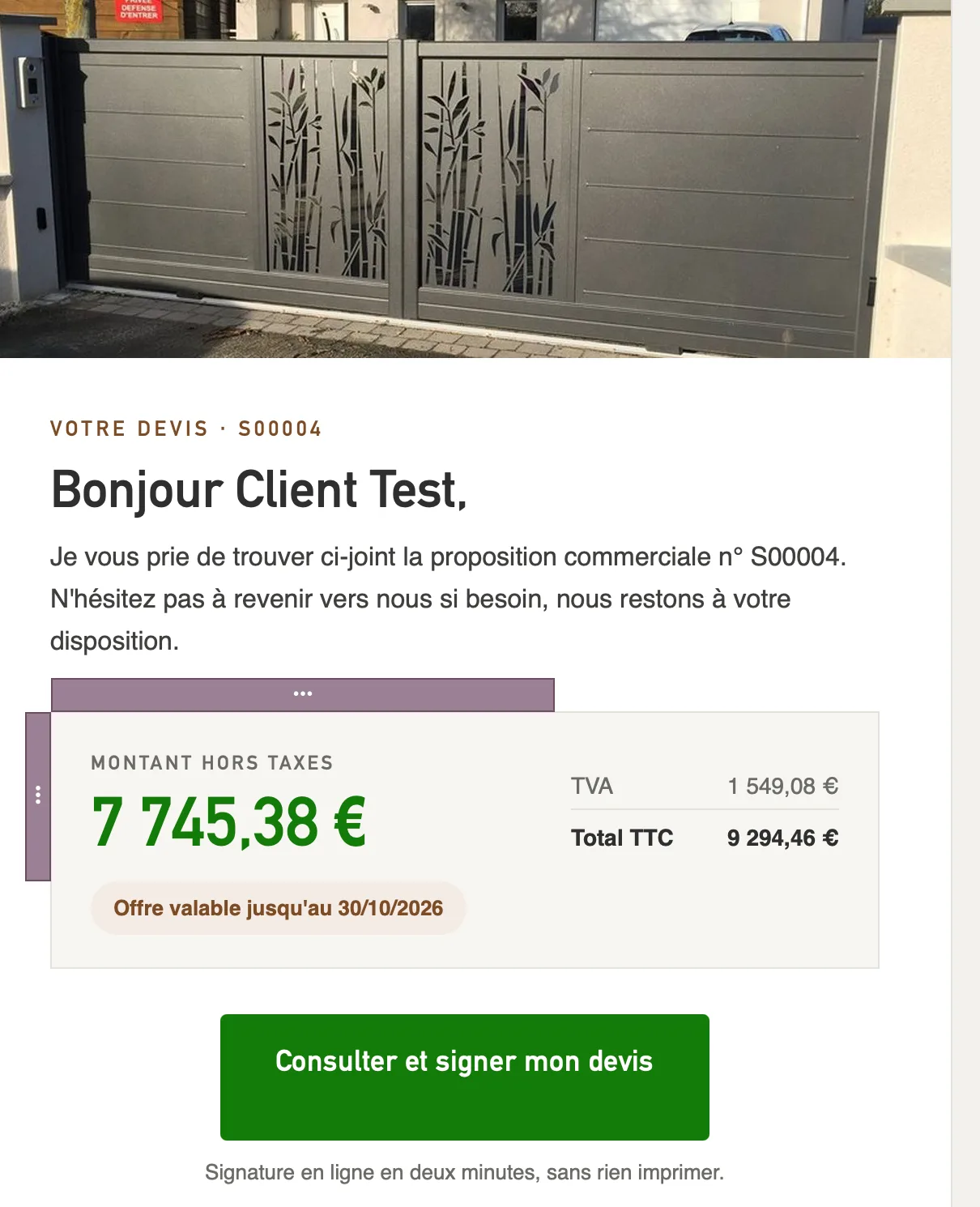Courriel d’envoi de devis de Clôture Paloise : photo d’un portail, montant hors taxes, date de validité et bouton « Consulter et signer mon devis »