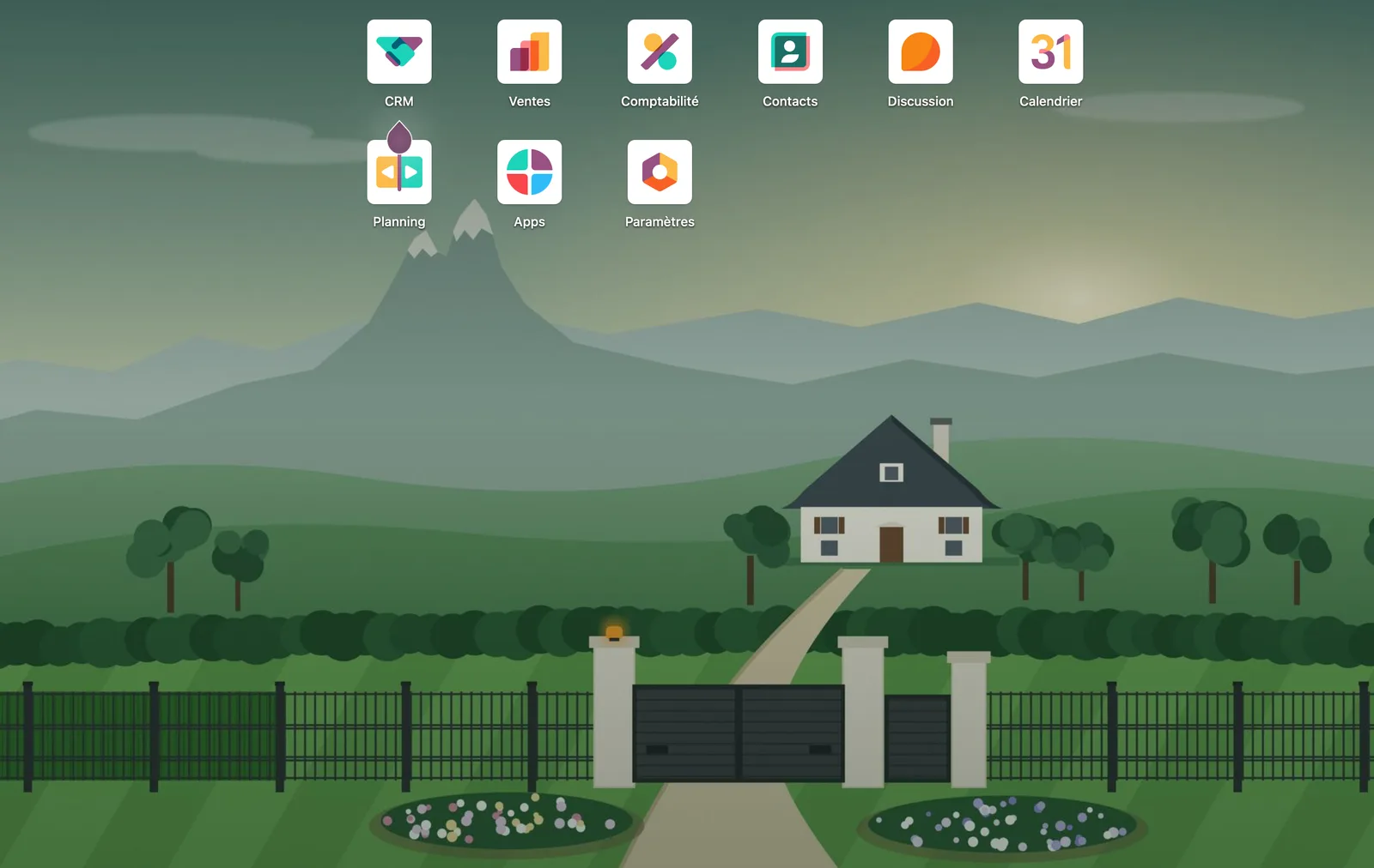 Accueil de l’Odoo de Clôture Paloise : CRM, Ventes, Comptabilité, Contacts, Discussion, Calendrier et Planning, sur une illustration de clôture et de portail