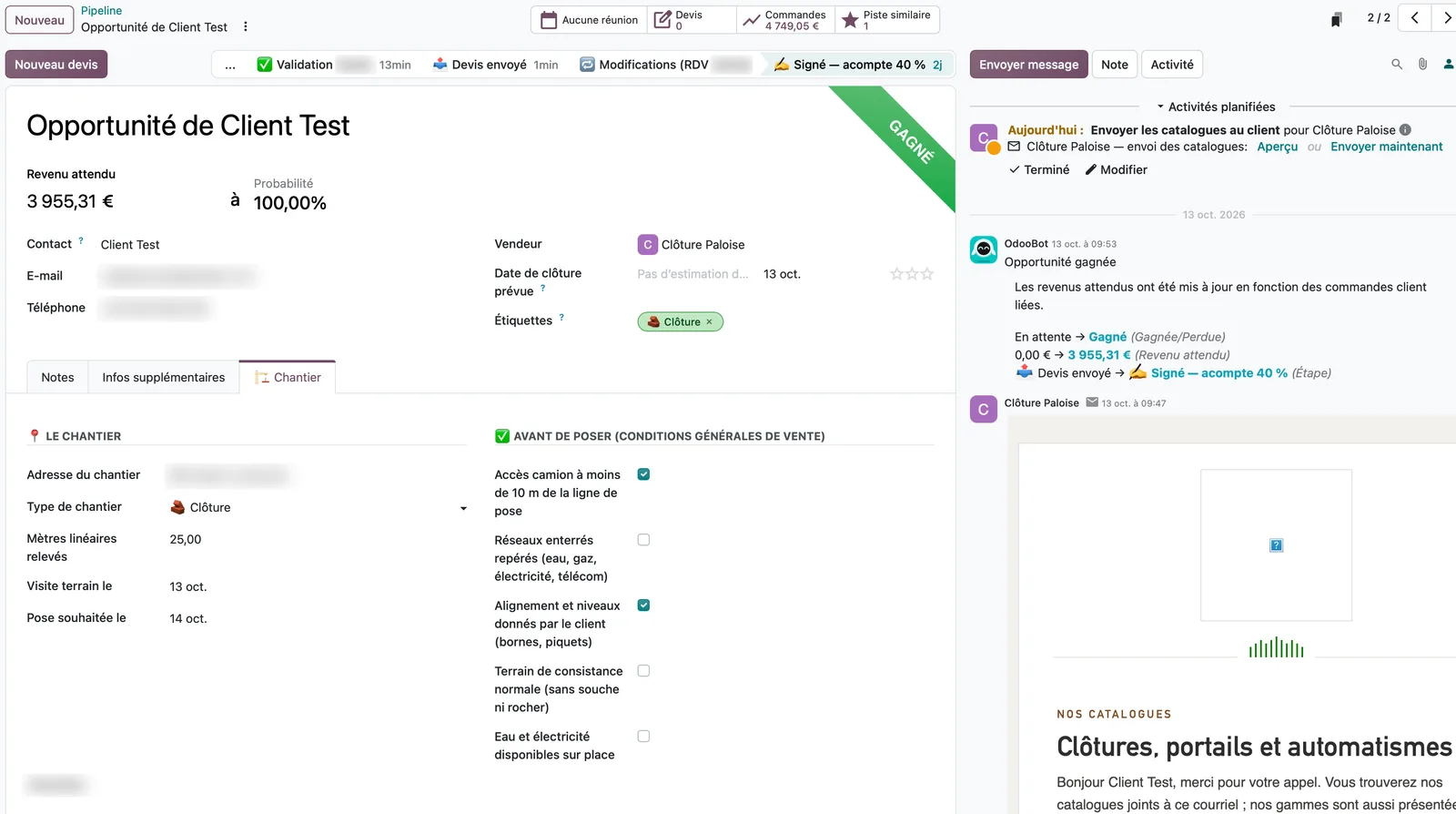 Affaire gagnée dans le CRM de Clôture Paloise : étapes Validation, Devis envoyé, Modifications et Signé avec acompte, onglet Chantier et vérifications avant de poser
