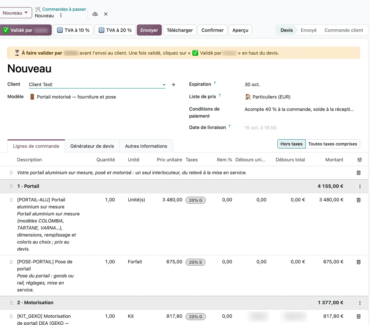 Devis Odoo de Clôture Paloise : boutons Validé par le gérant, TVA à 10 % et TVA à 20 %, bandeau de validation, colonnes Débours unitaire et Débours total