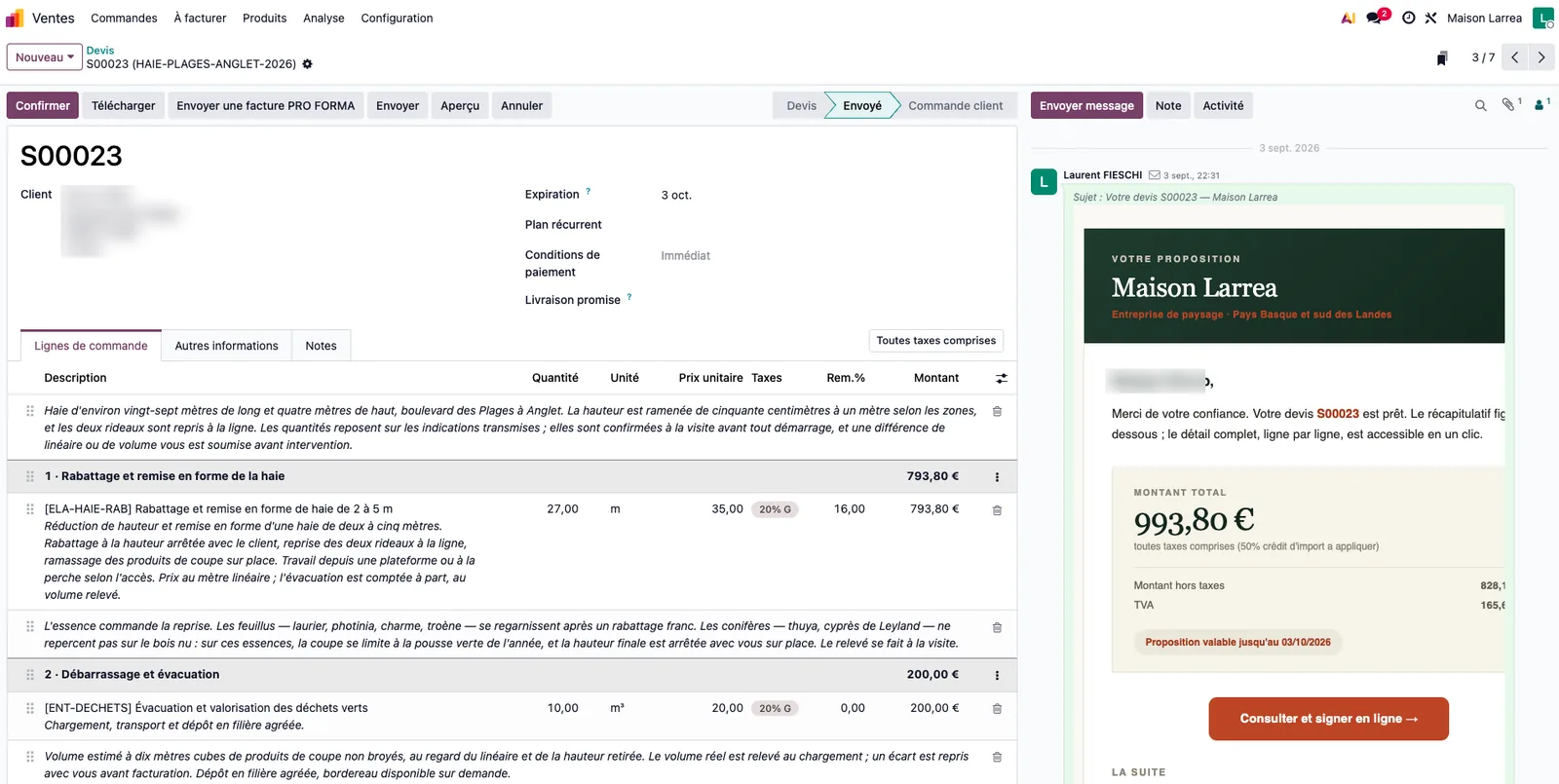 Devis de Maison Larrea préparé par l’agent dans Odoo, et l’e-mail d’envoi à la charte de la marque