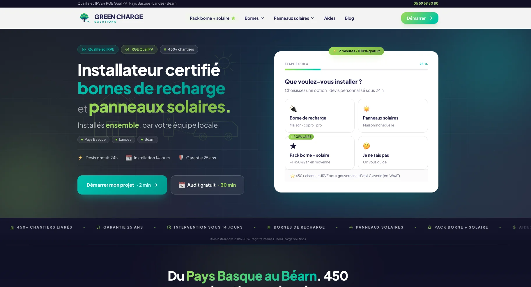 Site Green Charge Solutions : installateur certifié de bornes de recharge et panneaux solaires, avec tunnel de qualification