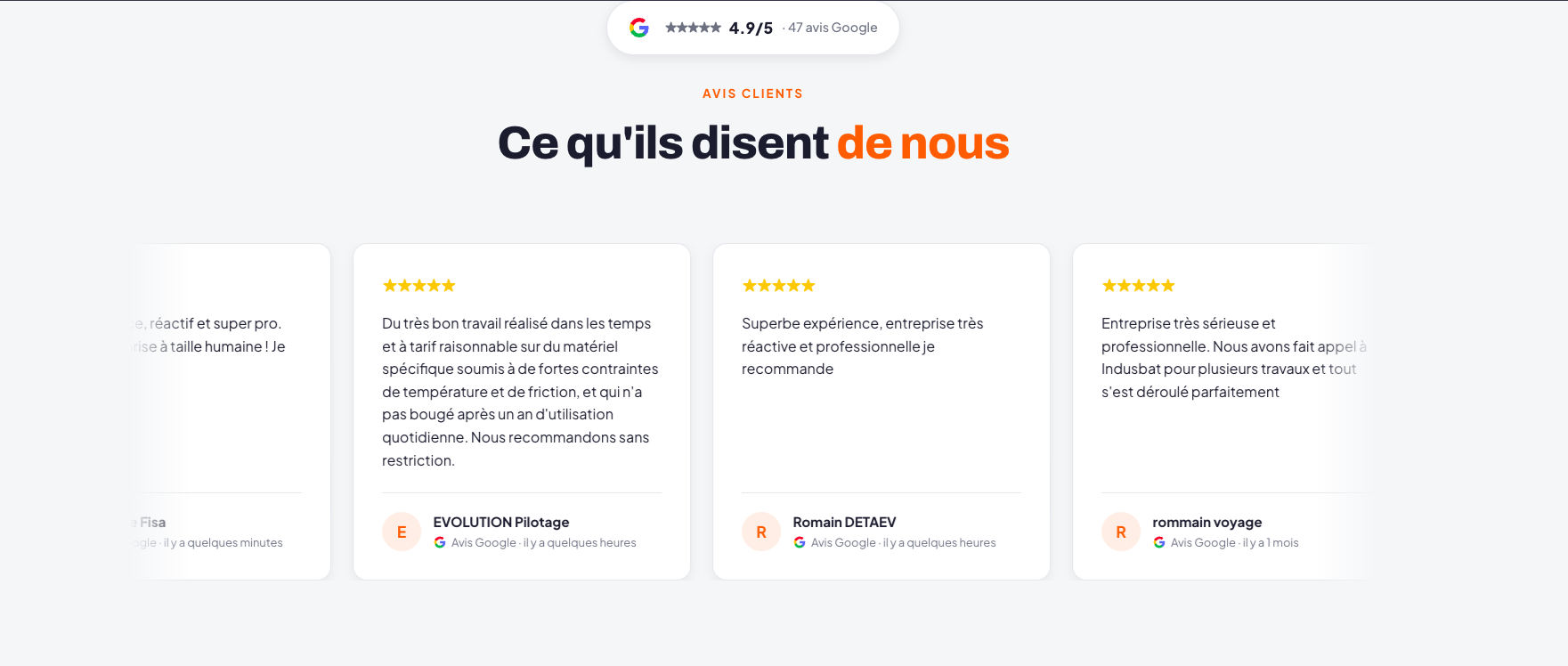 Section avis clients du site Indusbat : 4,9/5 sur Google, témoignages mis en avant
