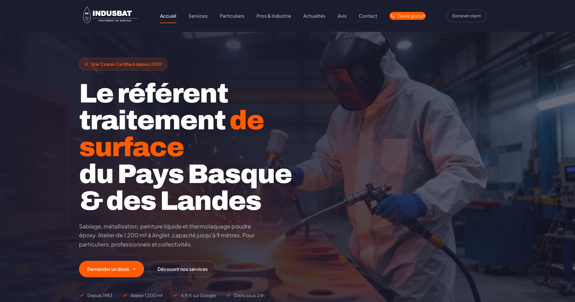 Page d'accueil du site Indusbat, spécialiste du traitement de surface au Pays Basque