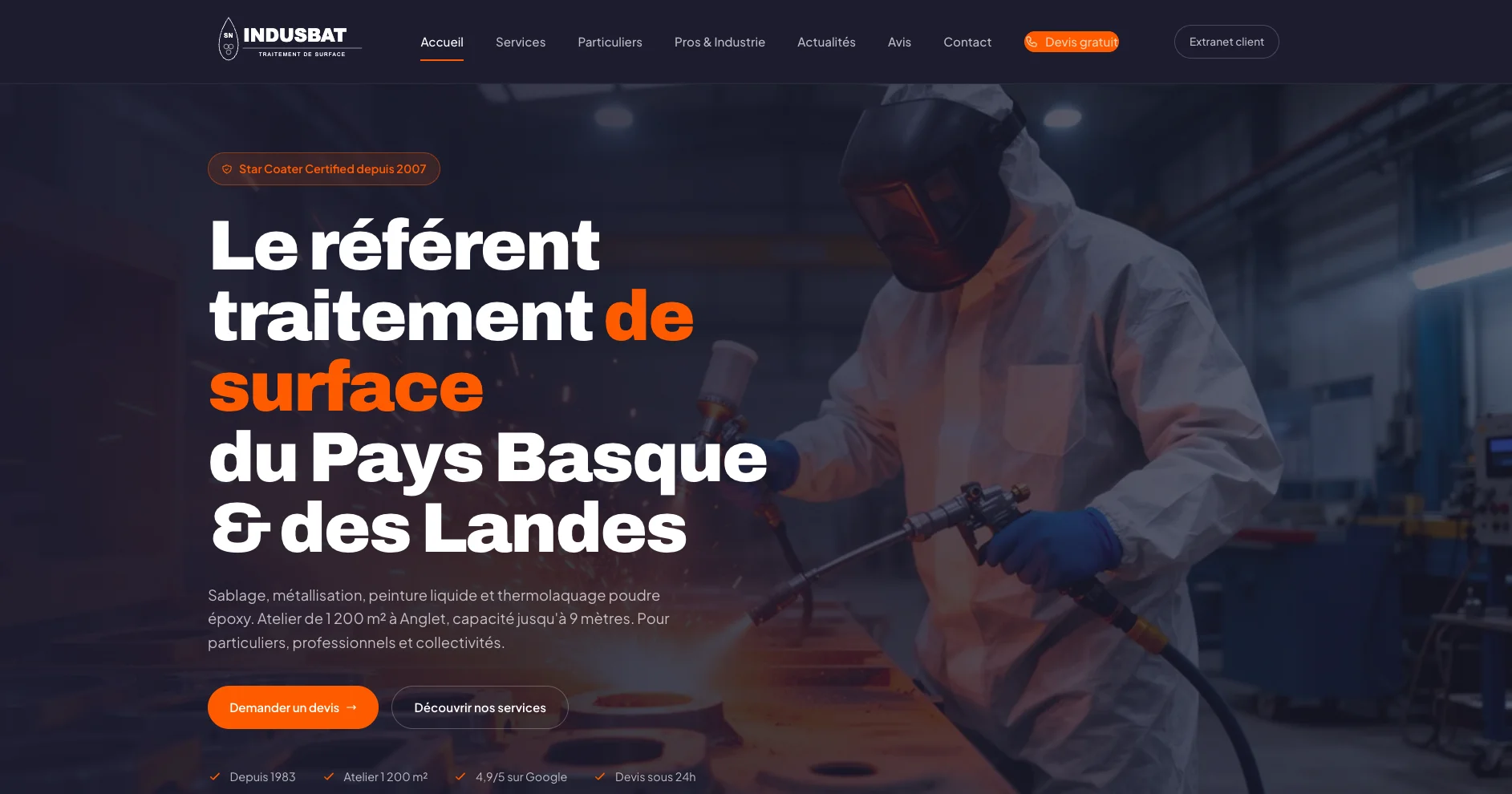 Page d'accueil du site Indusbat, spécialiste du traitement de surface au Pays Basque