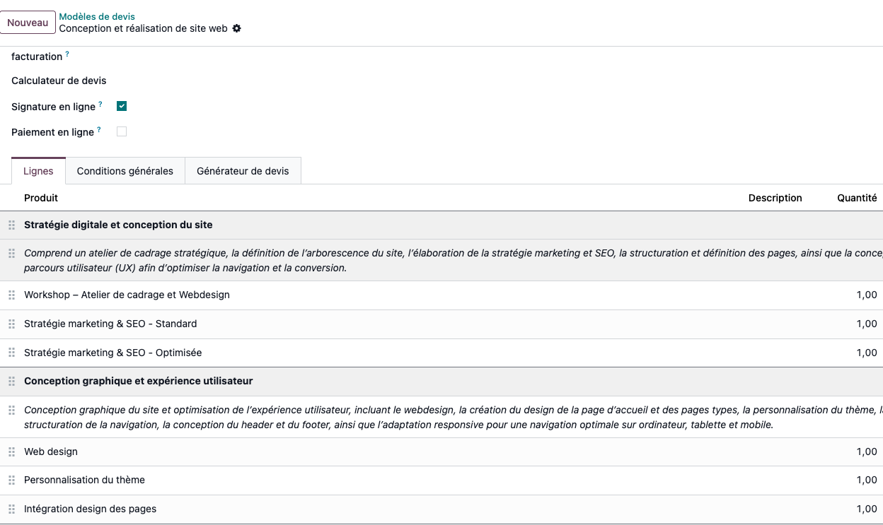 Modèle de devis Odoo de Manolix « Conception et réalisation de site web » avec sections Stratégie digitale et Conception graphique