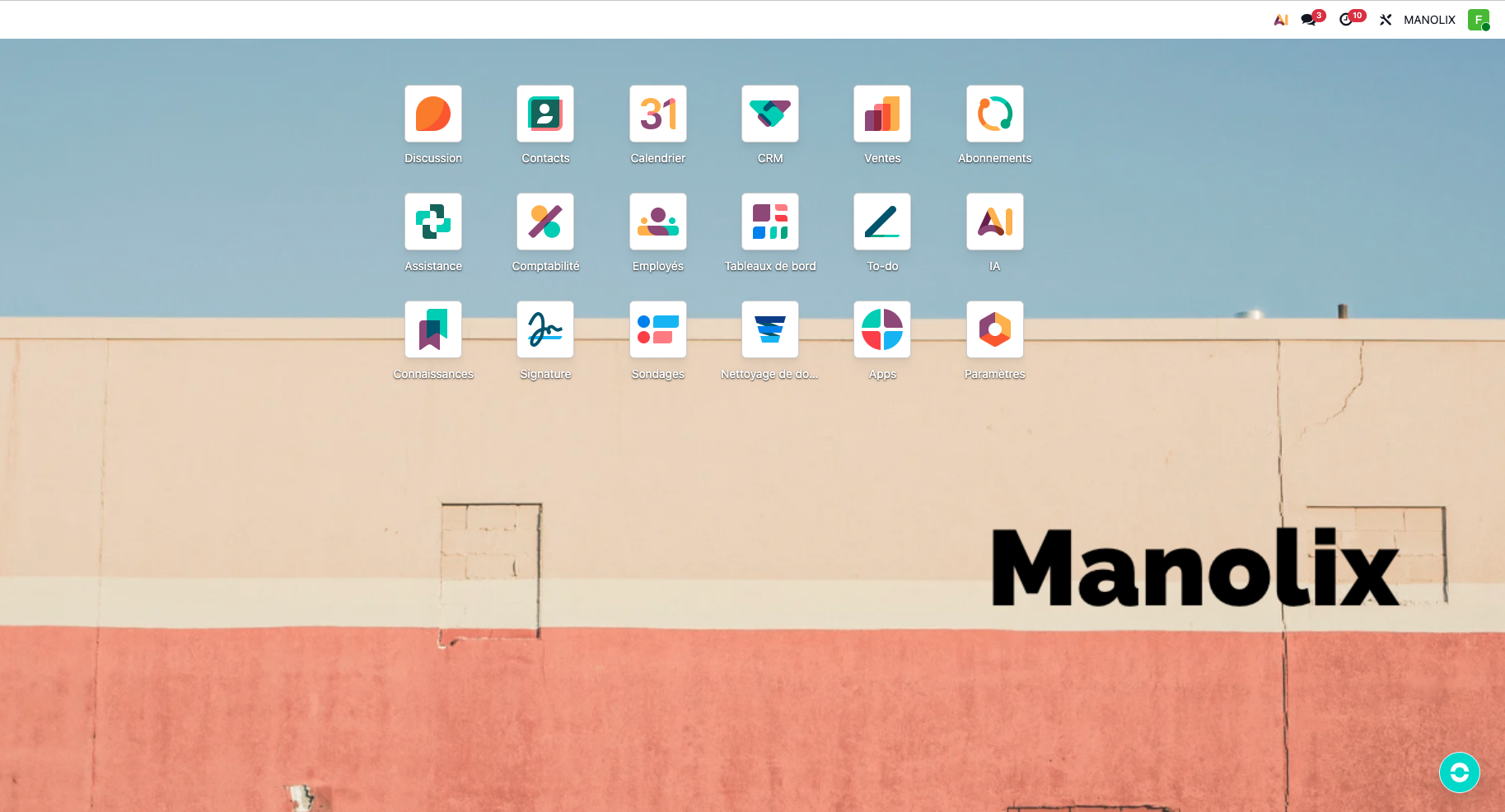 Accueil Odoo de Manolix : CRM, ventes, abonnements, comptabilité, signature et tableaux de bord