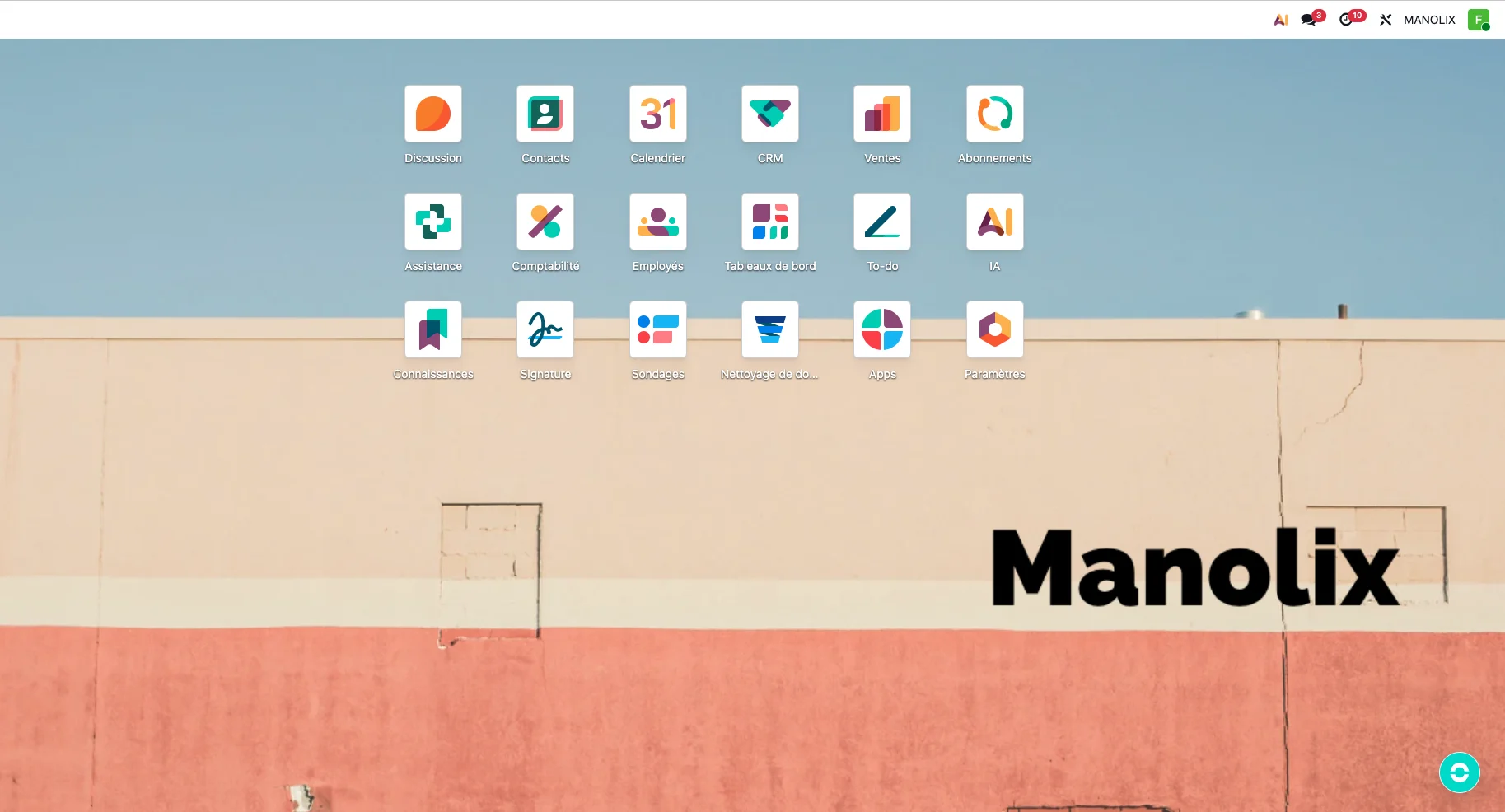 Accueil Odoo de Manolix : CRM, ventes, abonnements, comptabilité, signature et tableaux de bord